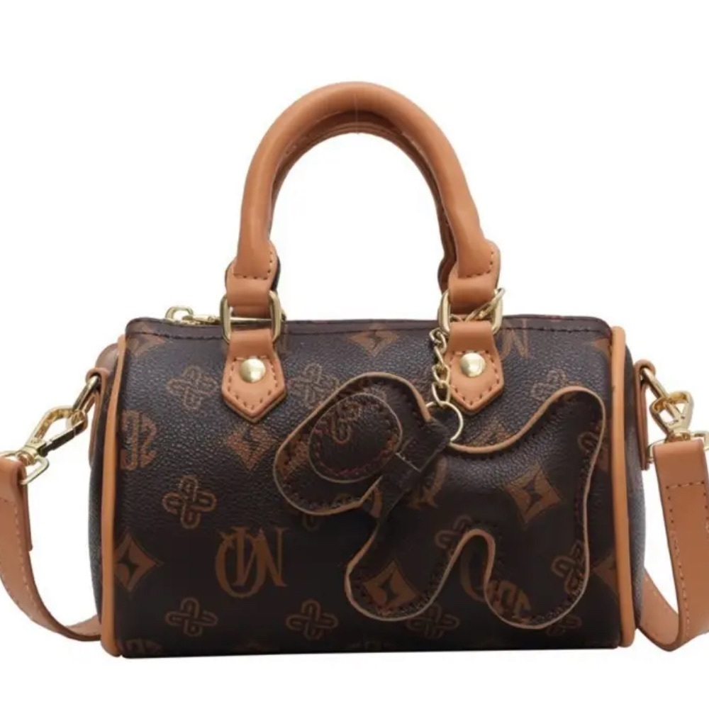 Brown Monogram Barrel Bag Designer Inspired with Puppy Charm & Golden-Tone NIP - Picture 12 of 13